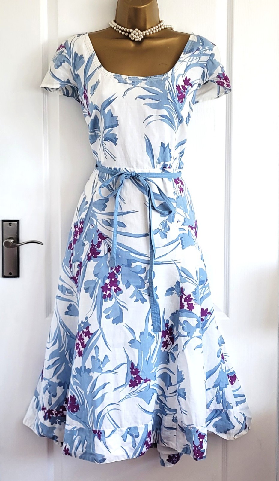 MONSOON WHITBY White Blue Floral Print Ramie Cotton Mix Fit & Flare Dress UK 20