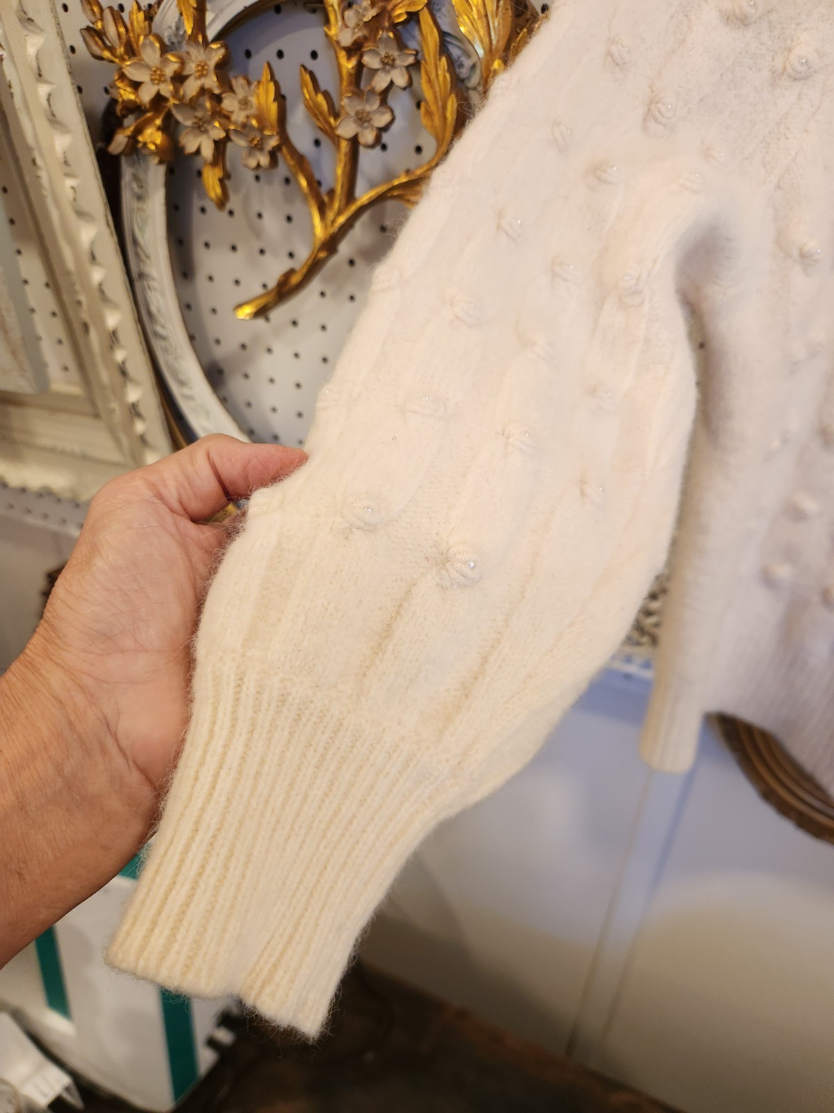 Vintage Adele Joyce Cardigan Womens Cream Angora Lambswool Pearl Button Felted