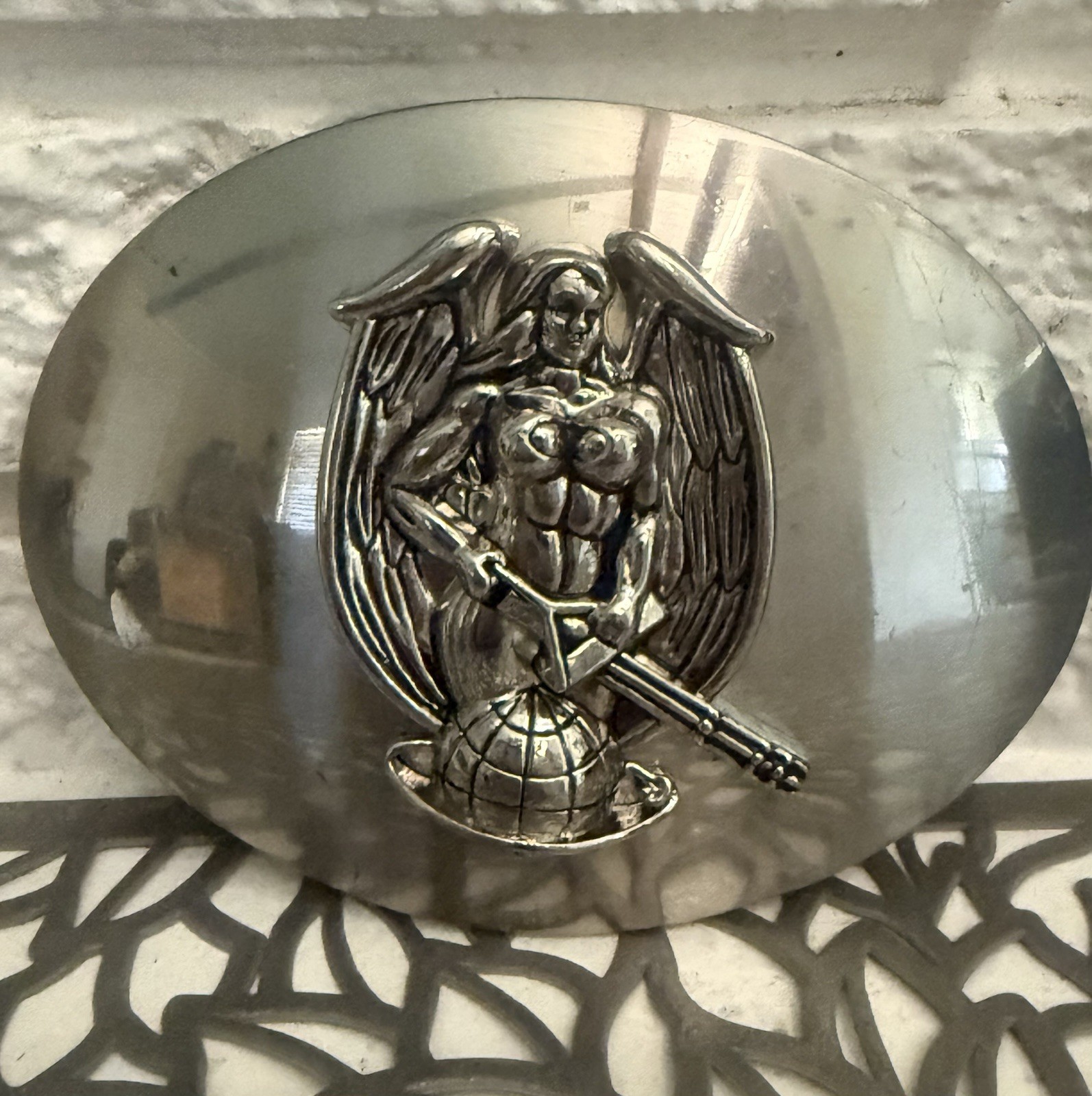 Men’s Oval Silver Metal Belt Buckle Angel Military Western Style Fits 1.5in