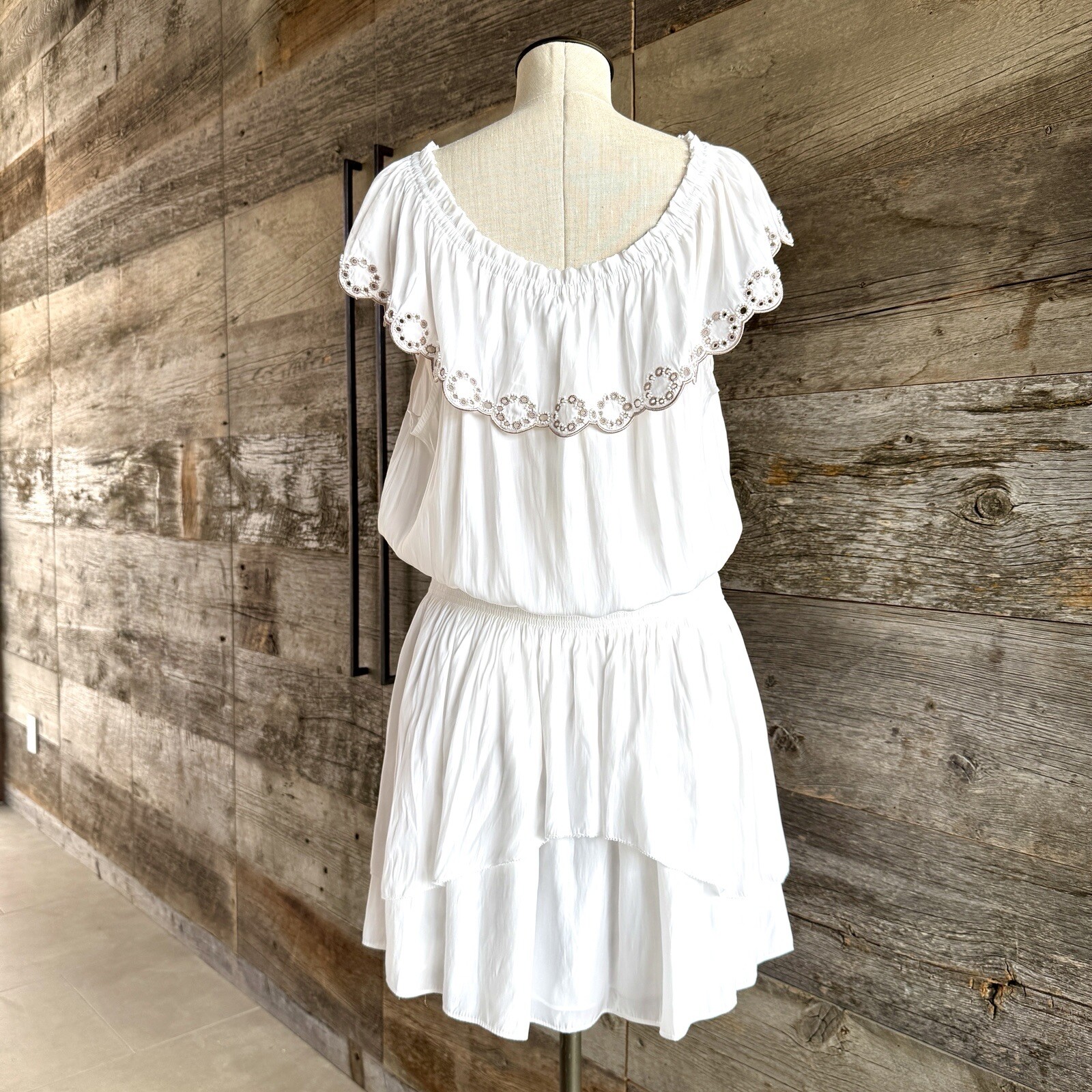 Ramy Brook Cynthia Off The Shoulder Mini Dress L White Ruffle Tier Beaded Eyelet