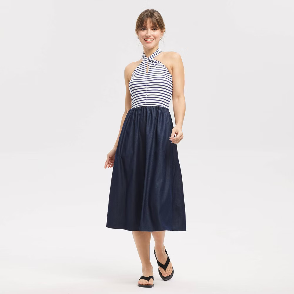 Women Mixed Fabric Tie-Back Midi Dress – Universal Thread Navy Blue Striped