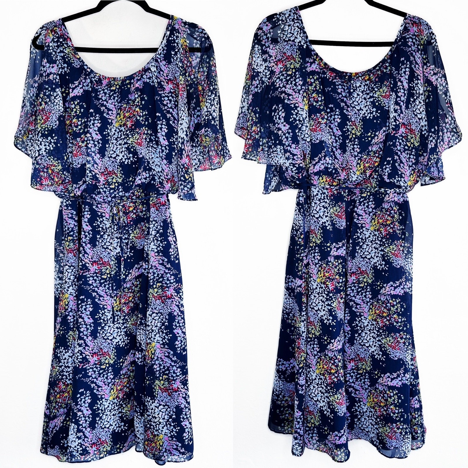 ModCloth Fiore Your Entertainment Flora Navy Blue Floral Cold Shoulder Dress Lg