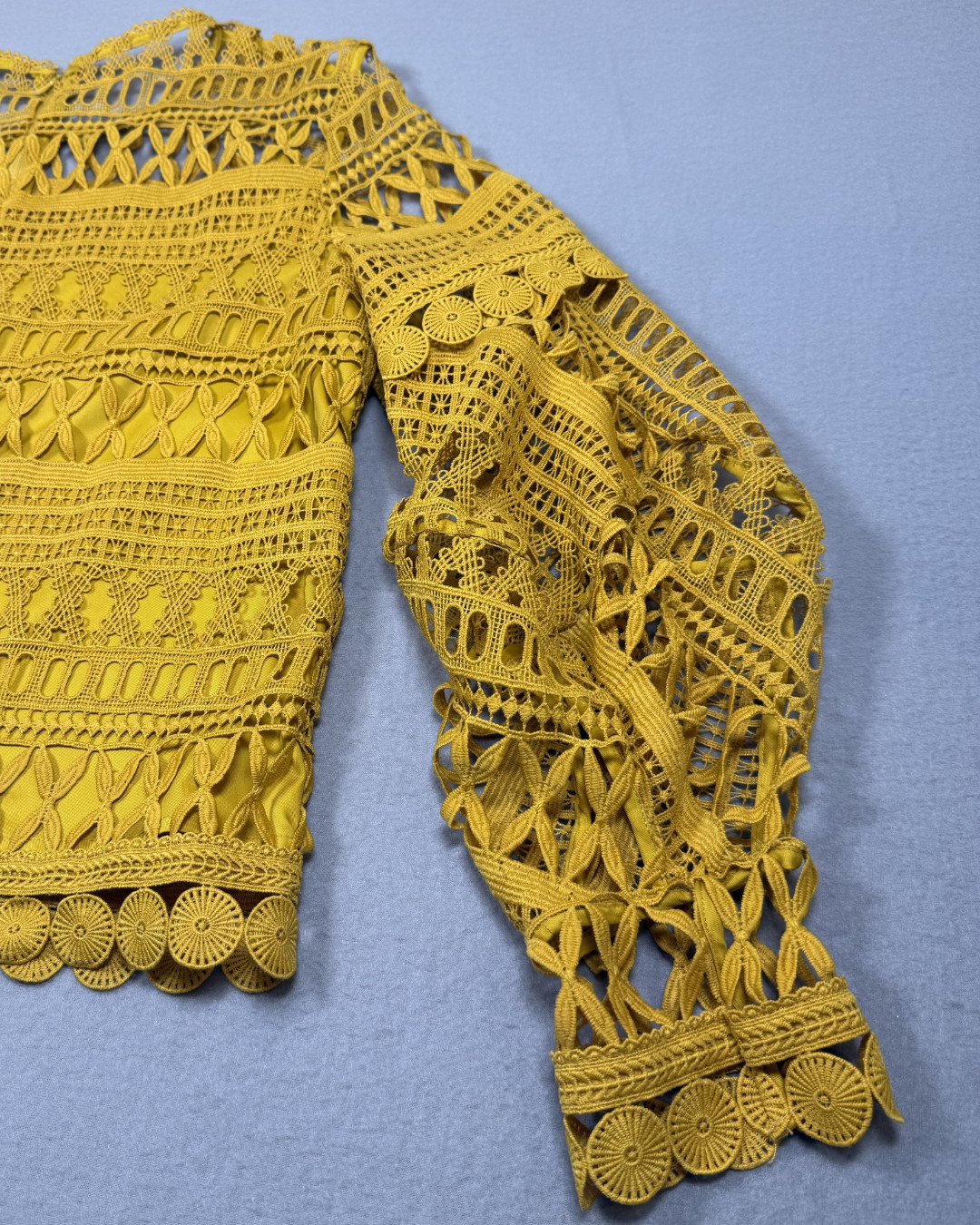A. Moss Womens Medium Mustard Lace Crochet Blouse Long Sleeve Boho Top Lined