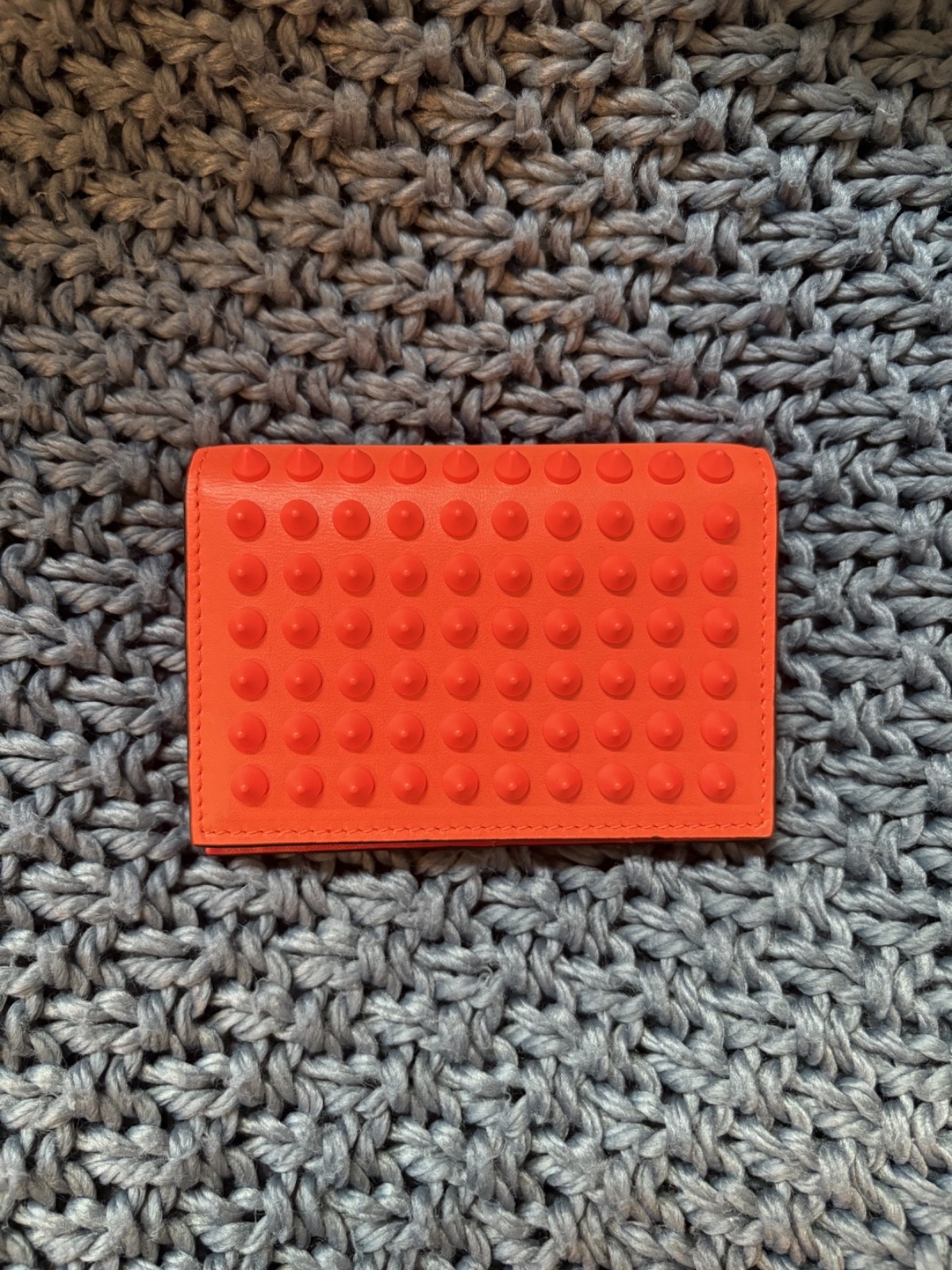 Christian Louboutin Paros Spikes Neon Orange Leather Business Card Holder Wallet