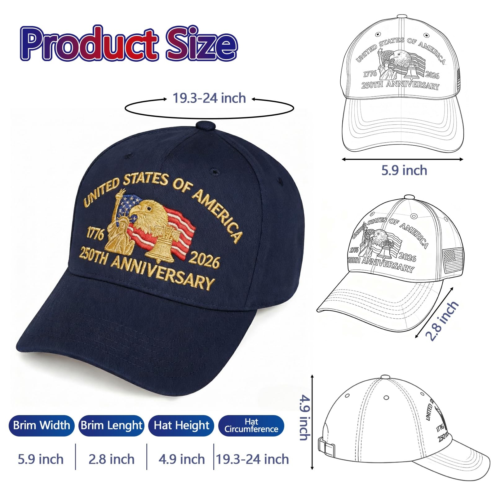 Embroidered United States 250th Anniversary Hat – 250 Years Anniversary USA T…