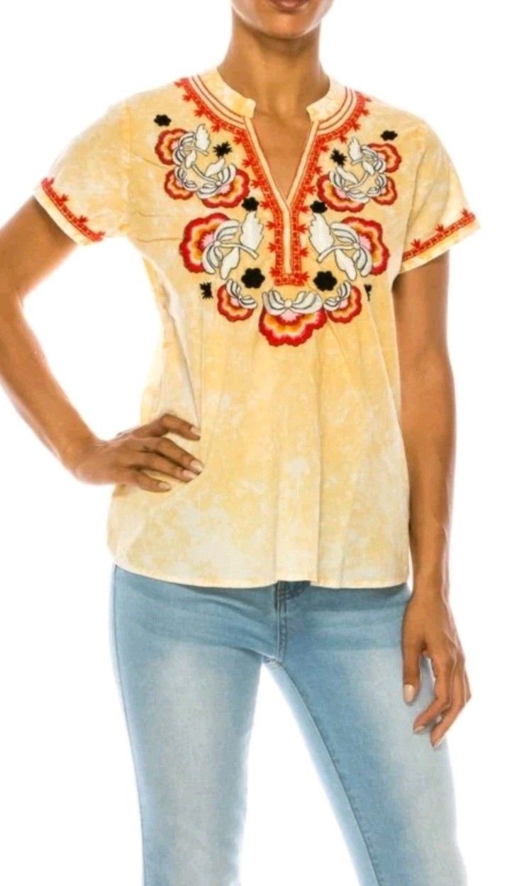 Vintage Goa Yellow Floral Embroidered Short Sleeve Top Boho Festival XL NWT