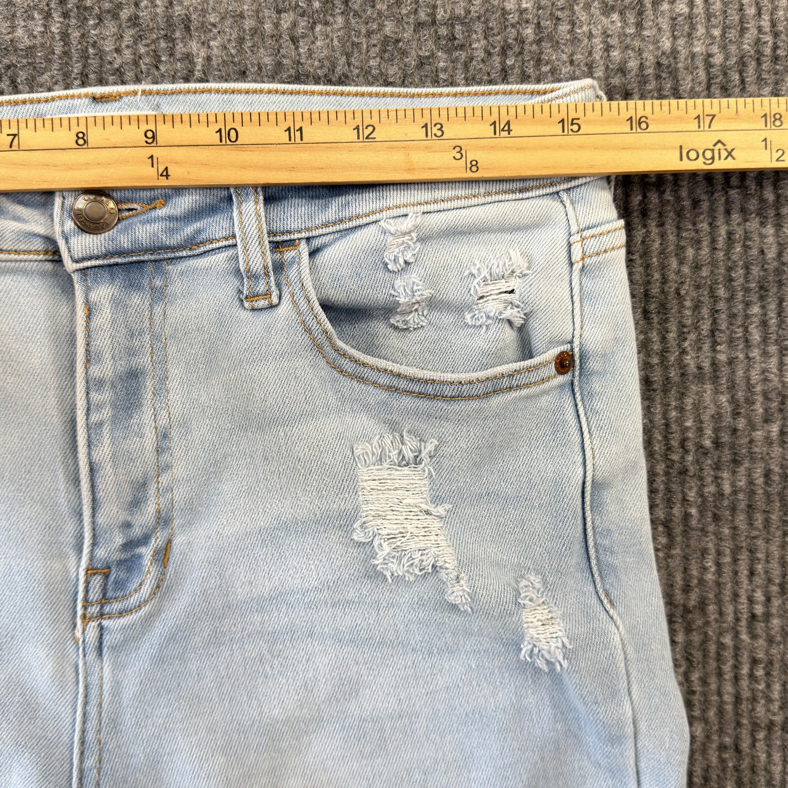 Cello Flare Jeans WomensM13 Light Wash High Rise Distressed Fringe Hem Stretch
