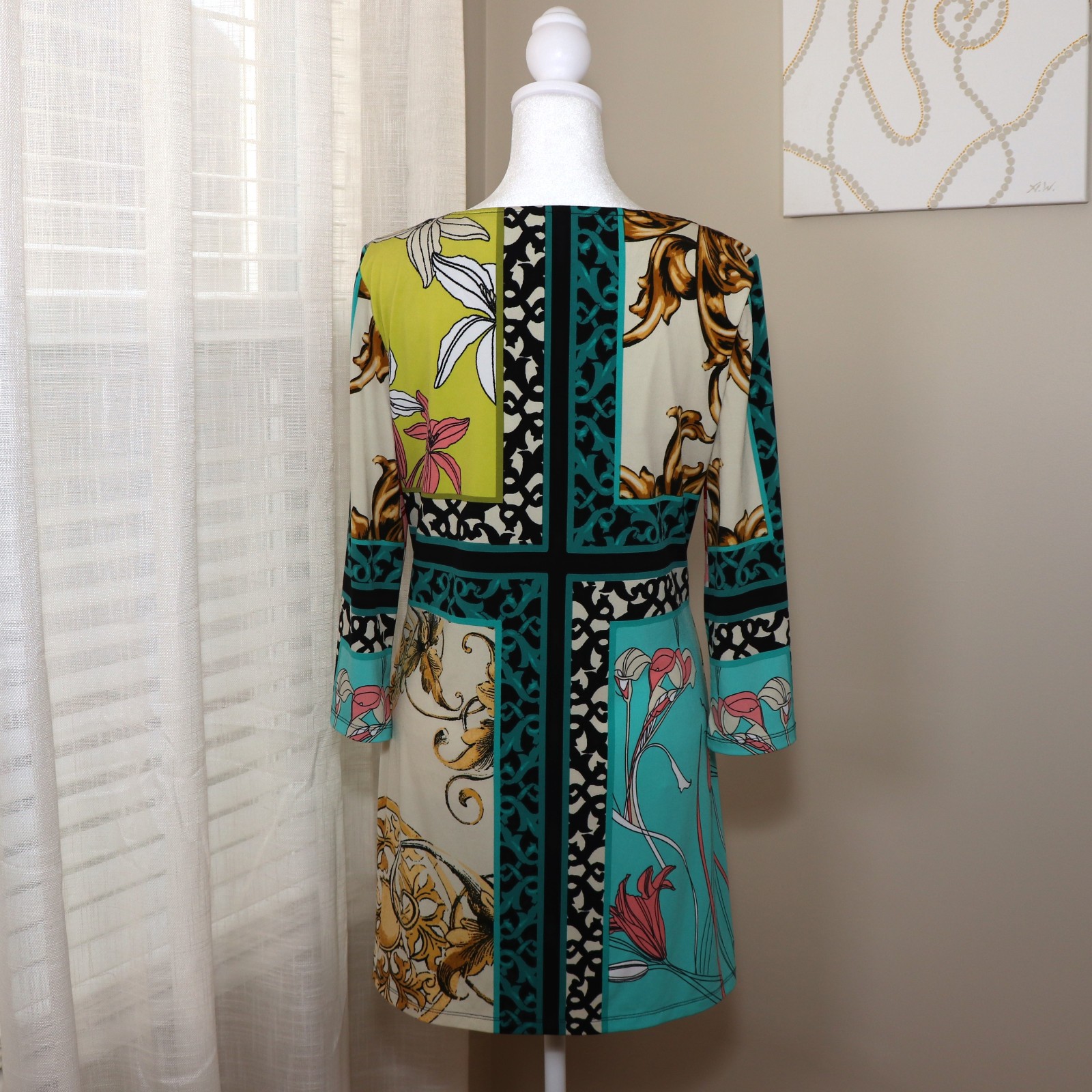 Style & Co Bright Floral Fleur-De-Lis Scroll Peephole Sheath Dress Size Small
