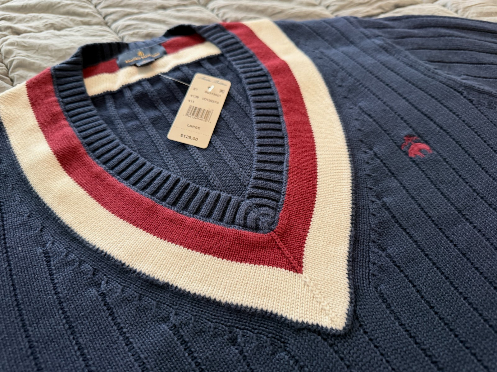 Brooks Brothers navy 100% combed cotton classic tennis sweater L mens NEW