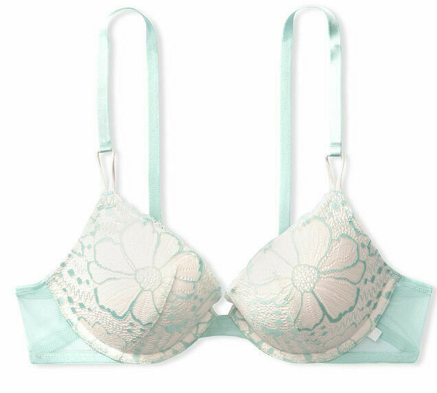38C Aqua White LACE Mesh Wings Extreme Lift Victorias Secret Plunge PU UW Bra