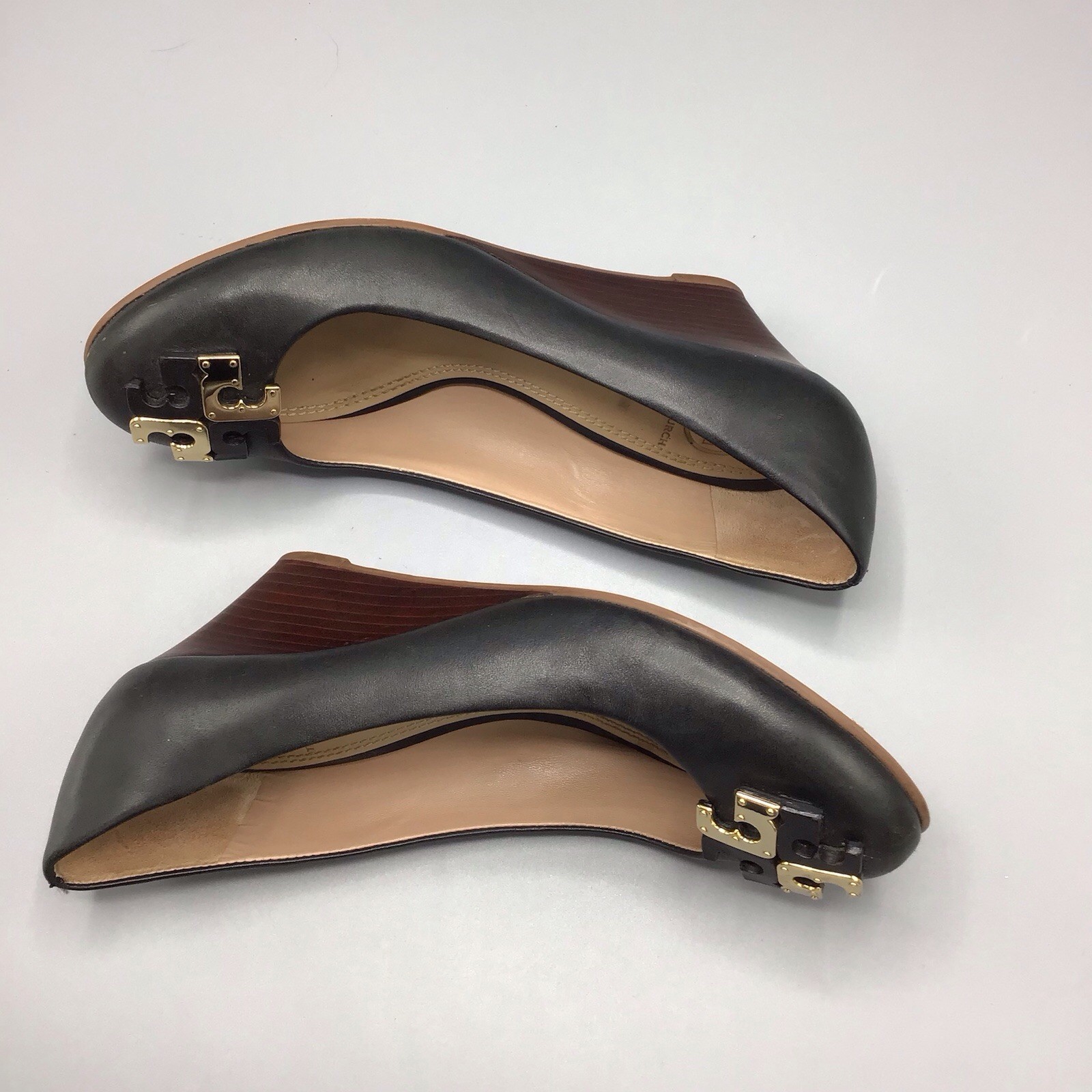 Tory Burch Black Leather Pump Wedge Heel Size Womens 6.5