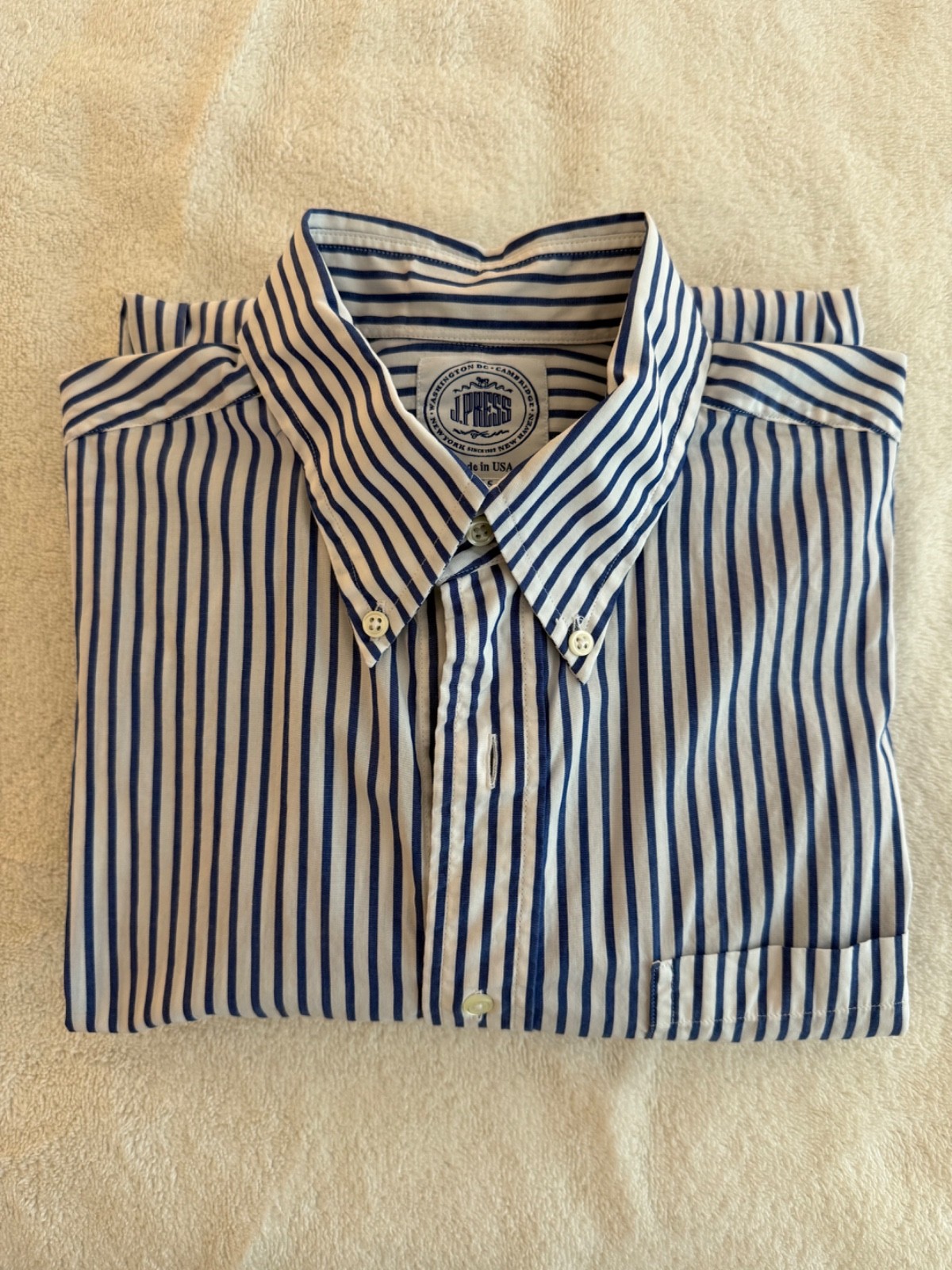 J Press – Worn Once – Navy, Butcher Stripe Button Down Shirt – Size 15 1/2 x 35