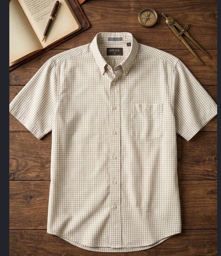 Orvis Vintage Men’s Large Button Down Shirt Beige Gingham USA Made FAST SHIP