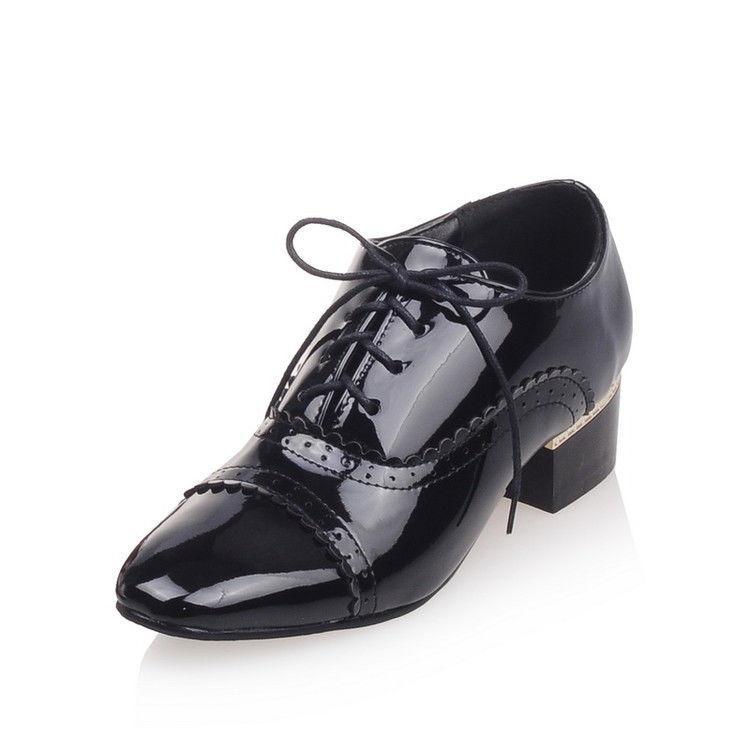 Women Sweet Pointy Toe Shoes Patent Leather Pumps Mary Jane Chunky Heel US4-US12