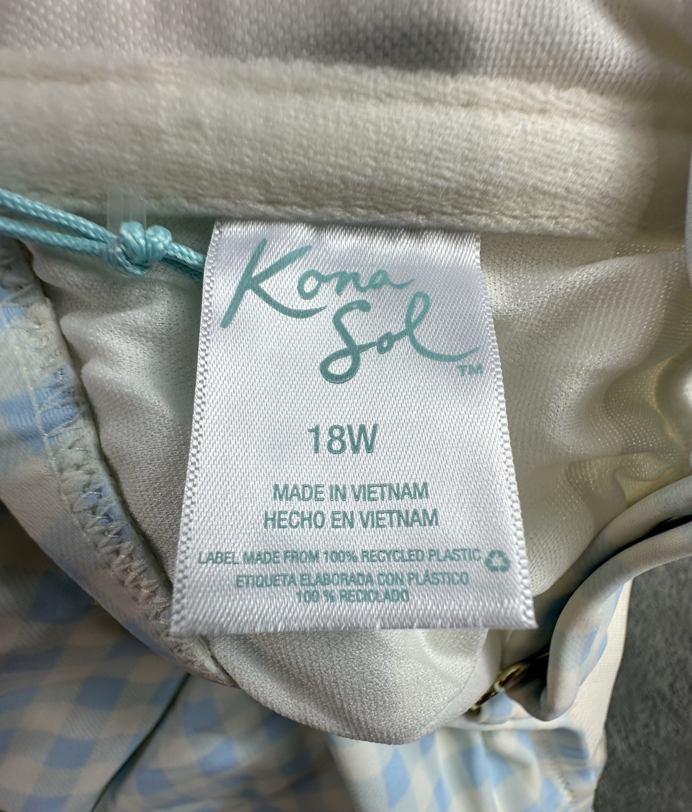 Kona Sol Women’s Plus Size 18W One Piece Swimsuit Blue White Gingham Ruched