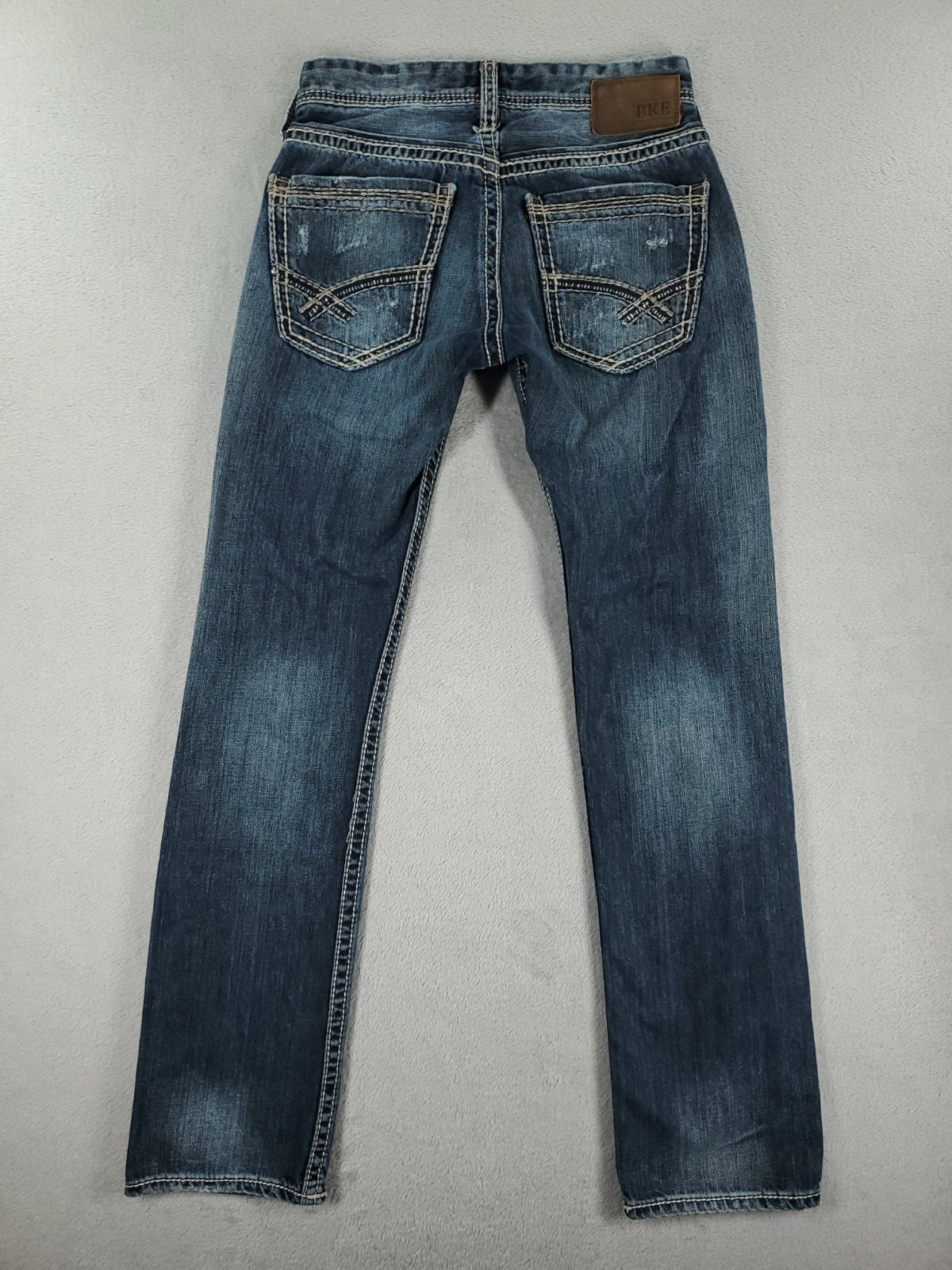 BKE Jeans Mens 26×30 Blue Aiden Straight Low Rise Dark Wash Faded Ripped Denim