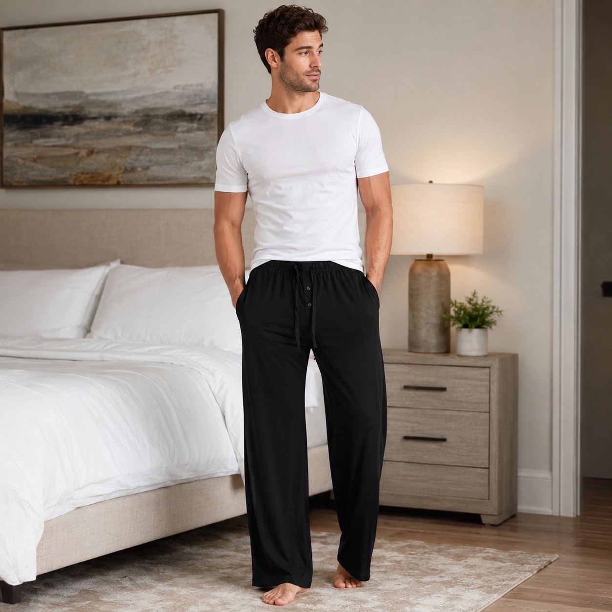 Bamboo Cool Black Wide Leg Lounge Pajama Pants XL Drawstring
