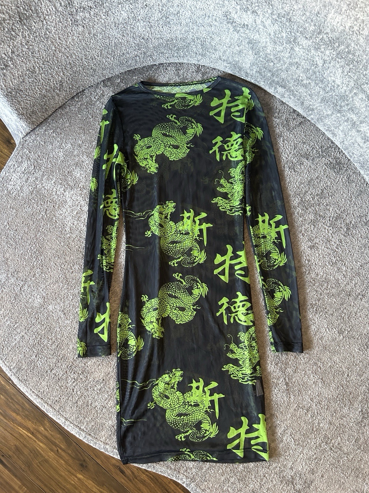 Neon Green Dragon Mesh Dress Womens Small Long Sleeve Bodycon Y2K Rave Cyber