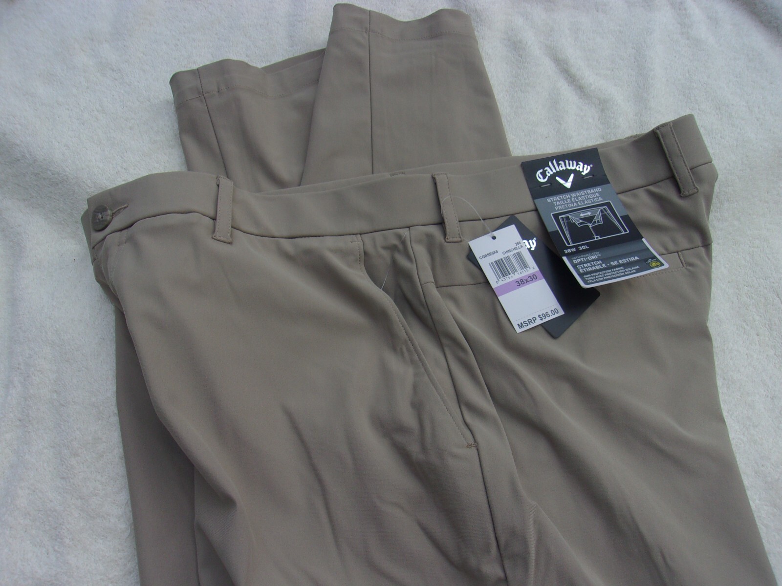NWT Callaway poly. blend golf pants, men’s 38 x 30, green, or dark khaki, $96