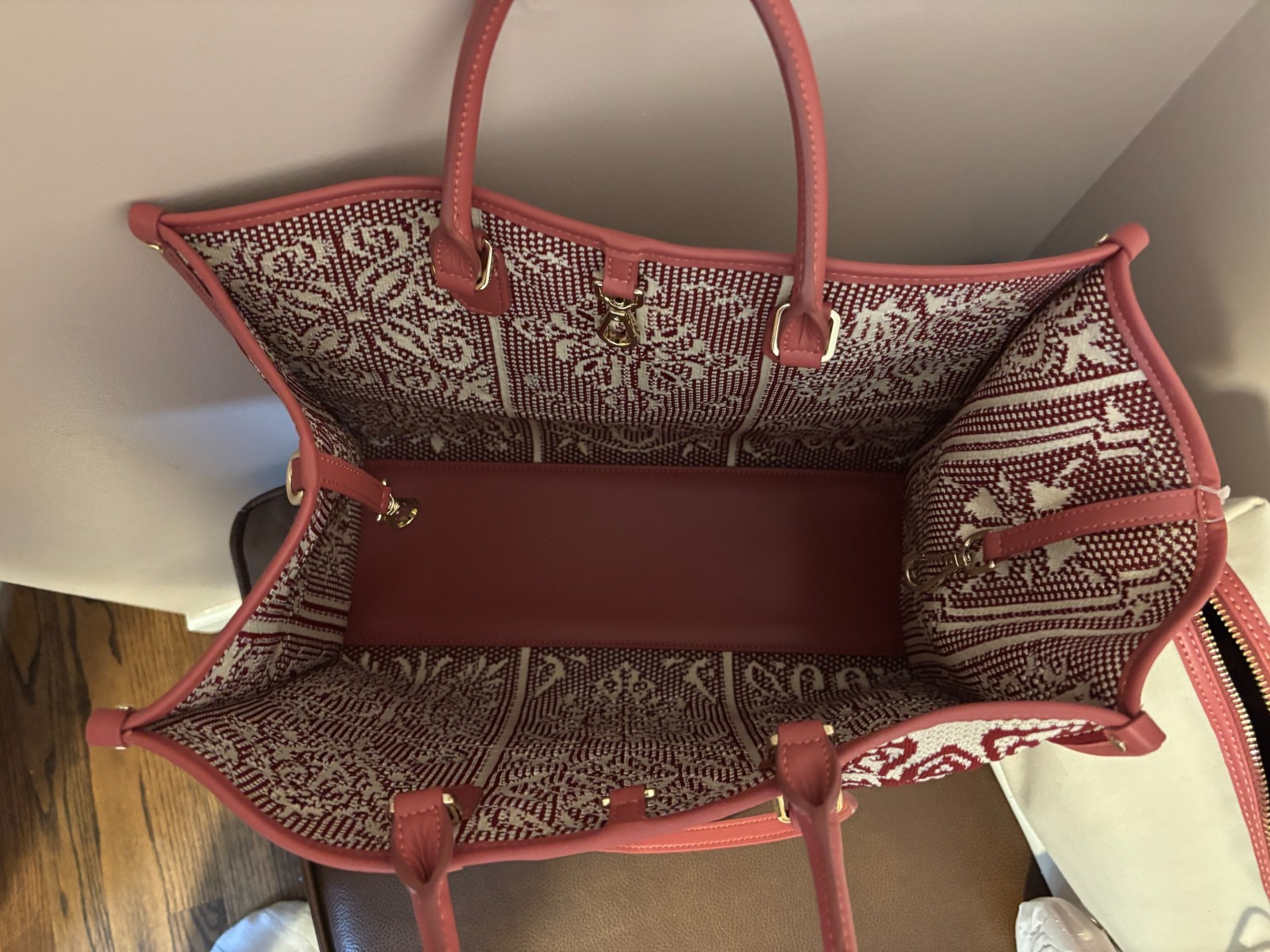 Viola Castellani Woven Fabric Leather Women Tote Shoulder Bag Burgandy Color