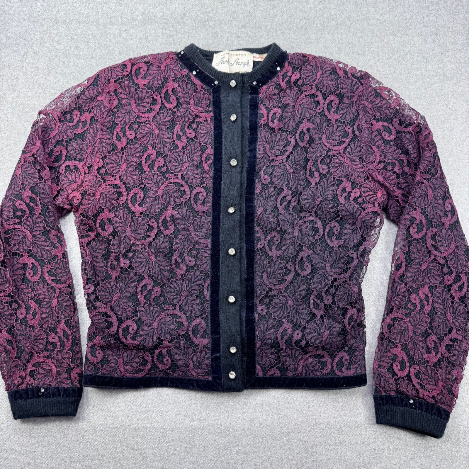 Vintage 50s Lace Overlay Rhinestone Cardigan Sweater Black Purple Orlon Fits XS
