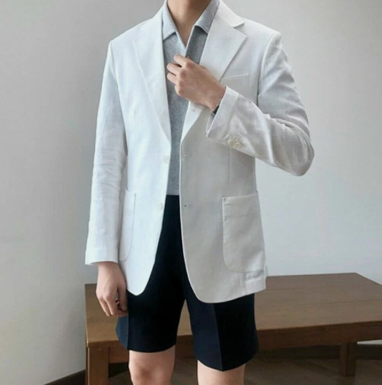 Summer White Linen Suit Beach Men’s Double Breasted Groom Wedding Blazer Jacket