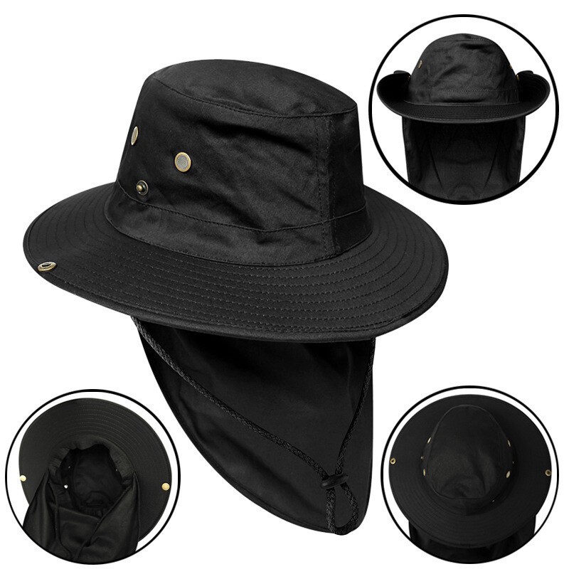 Men Bucket Boonie Hat Neck Cover Flap Sun Wide Brim Fishing Outdoor Cap Quickdry