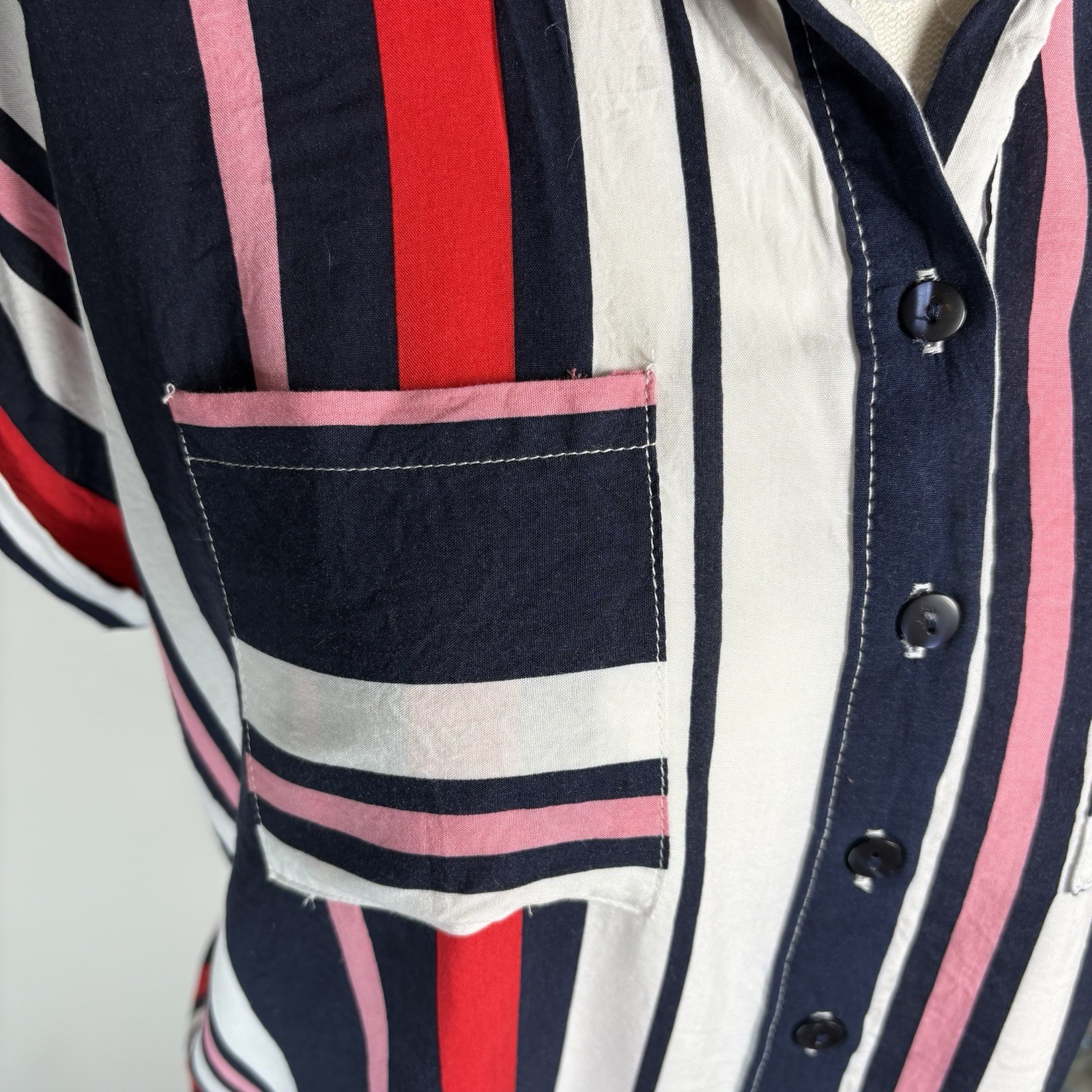 Love Notes Women’s Large ~ Red Pink Blue White Striped Button Up Blouse