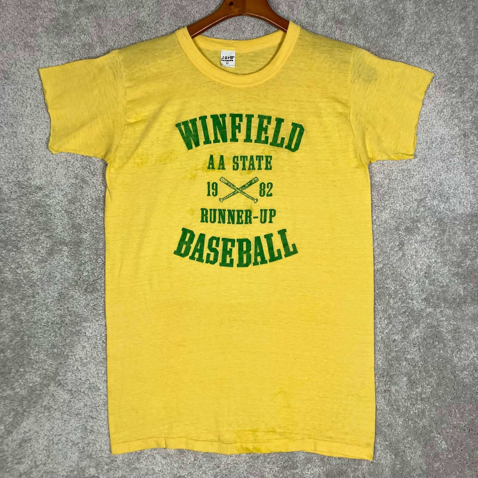 Vintage 1982 Winfield AA State Baseball Runner Up T-Shirt Yellow Paper Thin USA