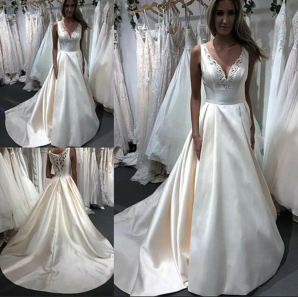 Elegant Wedding Dress Satin Sleeveless Lace Back A Line Sweep Train Bridal Gown