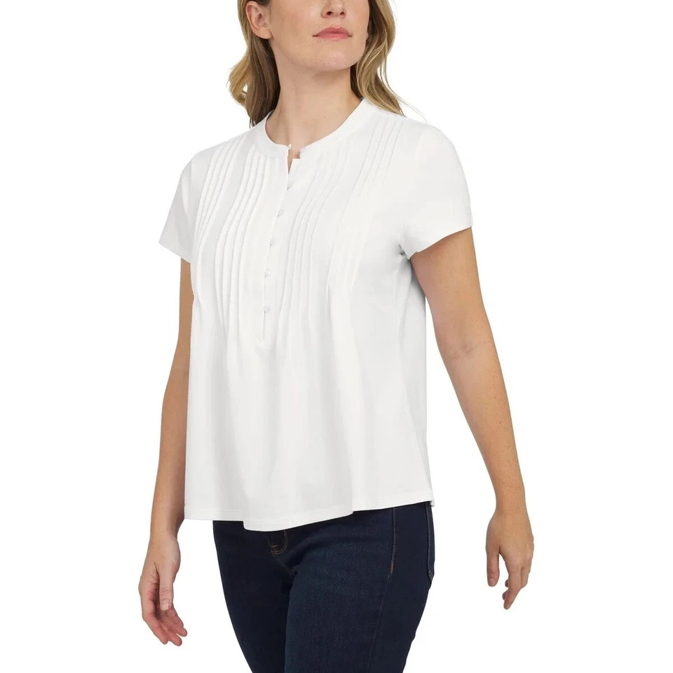Lands End Women’s Short Sleeve Pintuck Blouse, White Medium “NEW”