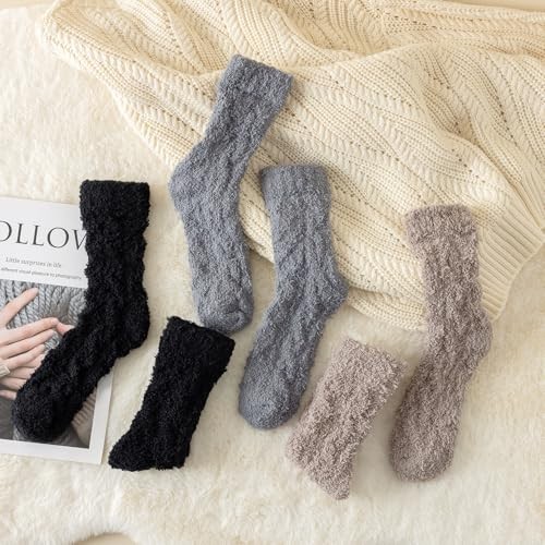 Premillow Womens Fuzzy Socks Fluffy Socks 3 Pairs Black&dark Grey& Light Brown
