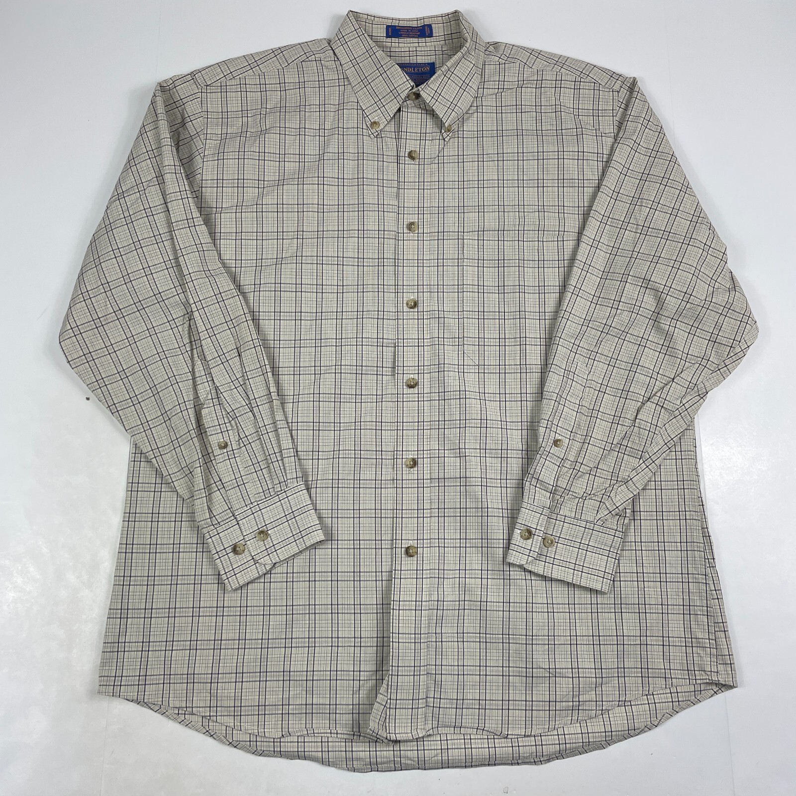 Pendleton Shirt Mens Large Beige Broadway Cloth Long Sleeve Button Down Plaid
