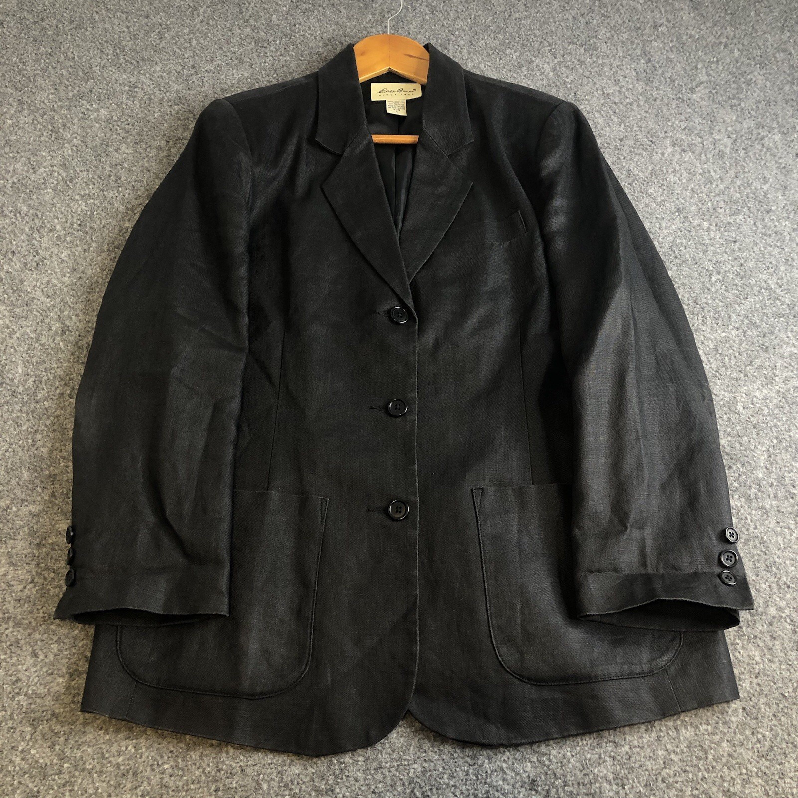 Eddie Bauer Womens Small Petite Black Jacket Blazer 100% Linen Preppy Minimalist