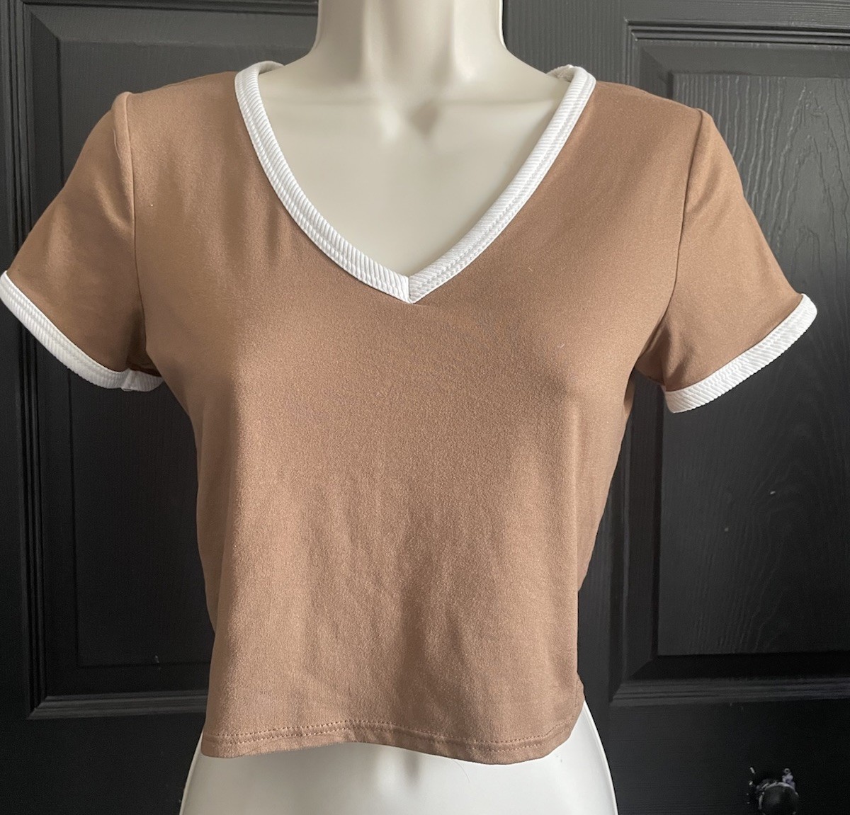 Olivia Rae XS Brown White Ringer Crop Top V Neck Short Sleeve Y2K Baby Tee