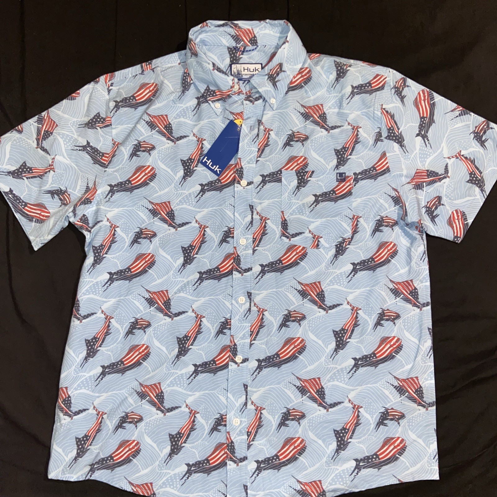 HUK Men Kona KC Scott Patterned American Flag Performance Fishing Shirt Size XL