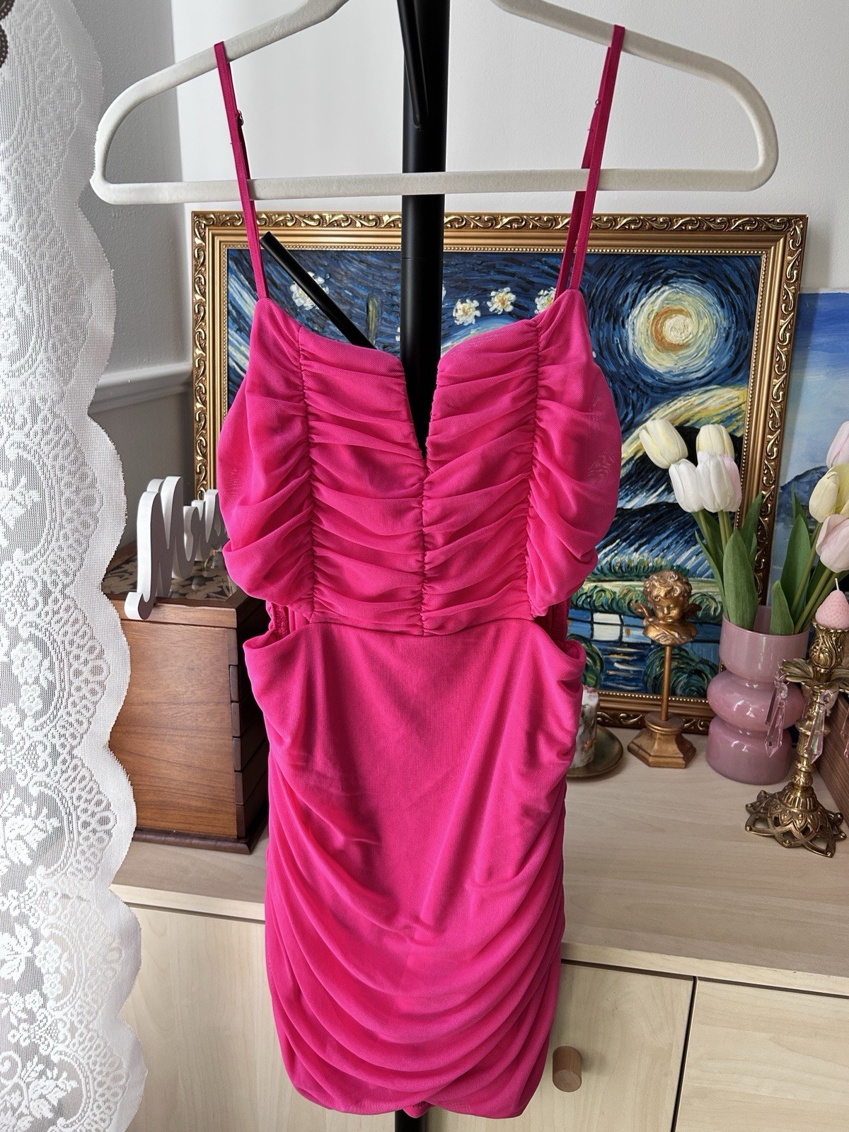 Pink Solid Ruched Bodycon Mini Dress Spaghetti Strap Sleeveless Stretch