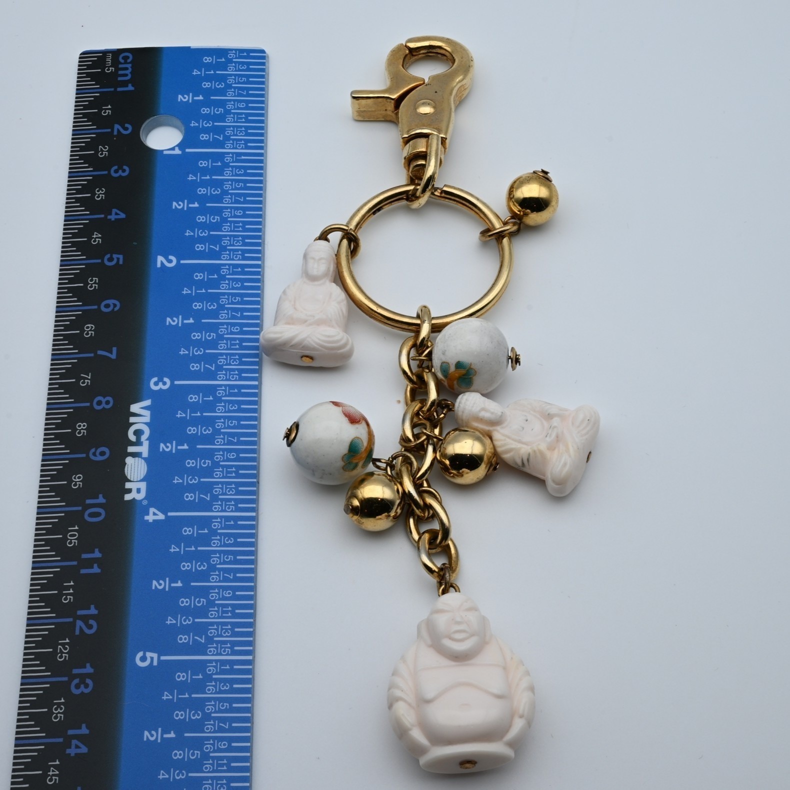 Vintage Buddha Charm Keychain Gold Tone Lobster Clasp Floral Ceramic Beads White