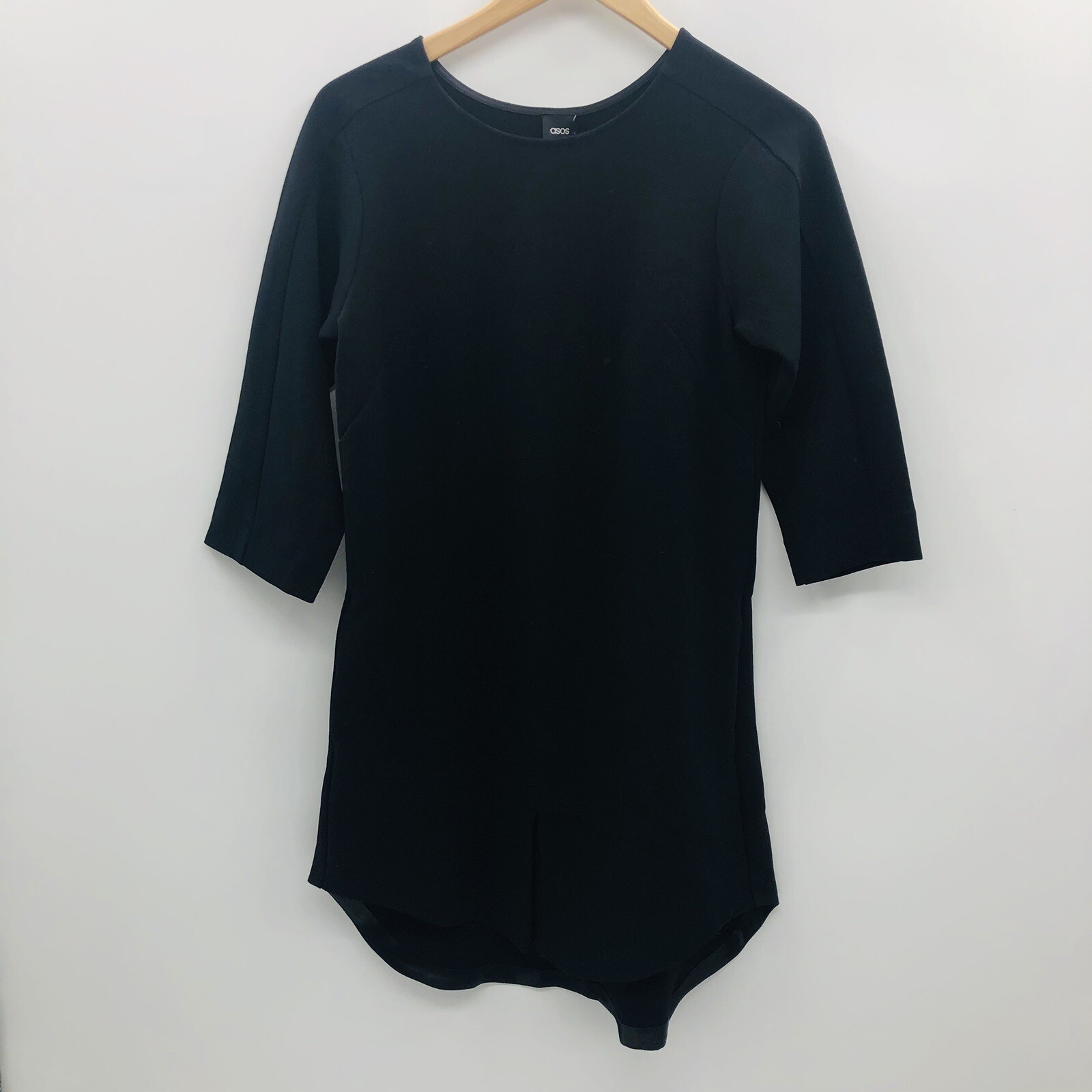 ASOS Womens Size 4 3/4 Sleeve Shift Dress Flutter High Low Hem Black Pockets