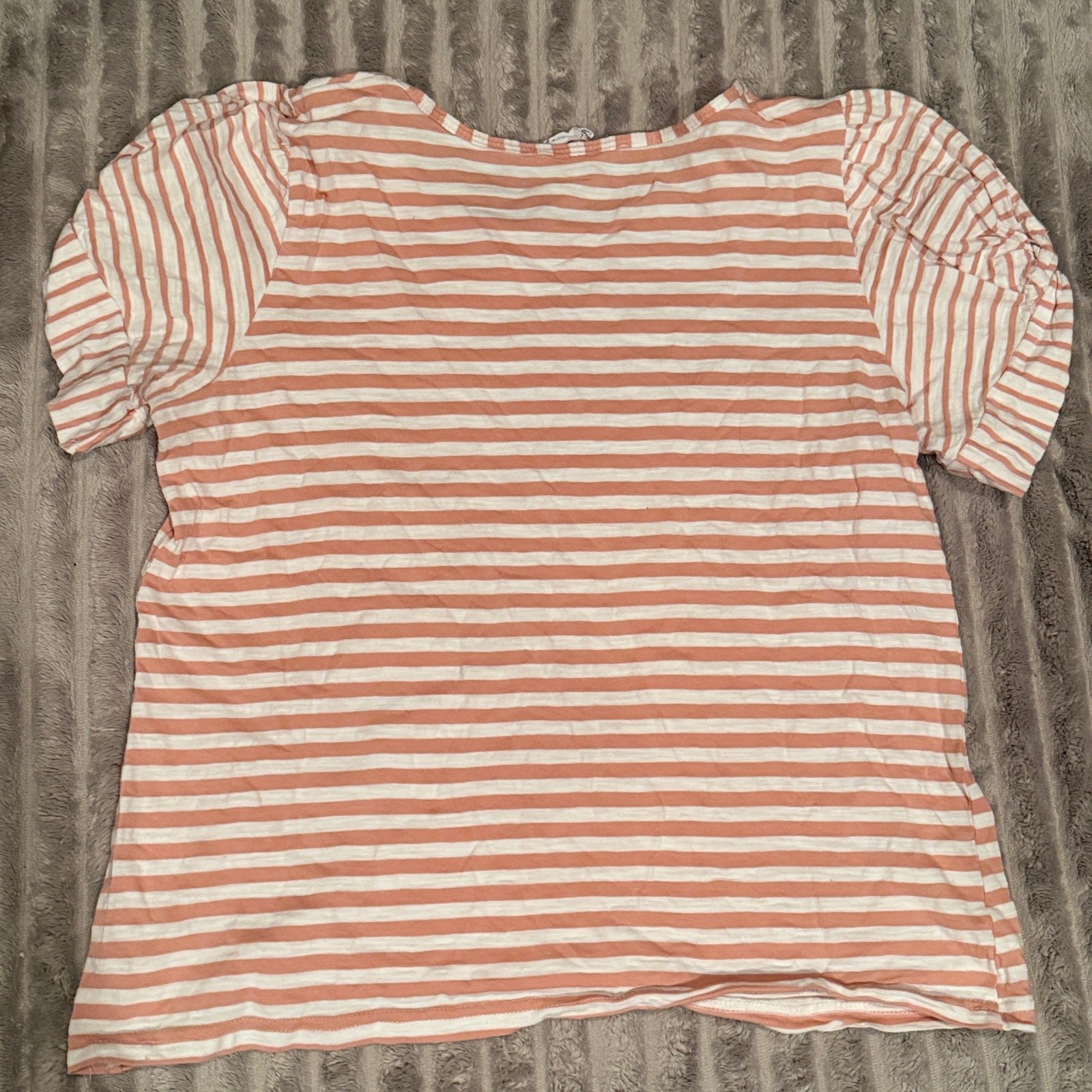 Jane & Delancey Striped Puff Sleeve Top Women’s Size L Peach White Knit Tee