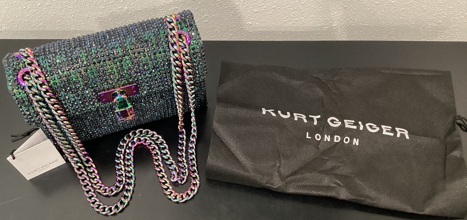 Kurt Geiger Mini Brixton Iridescent 8″x5.5″x2.25″ Lock Metallic Fabric Crystals