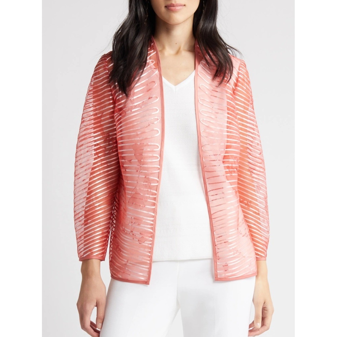 Ming Wang Sheer Stripe Open Front Jacket Topper Coral Size XS