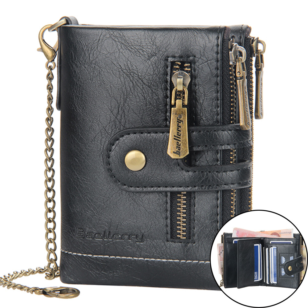 Men Leather Black Wallet with Anti-theft Chain Bifold Double Zipper Purse Gift
