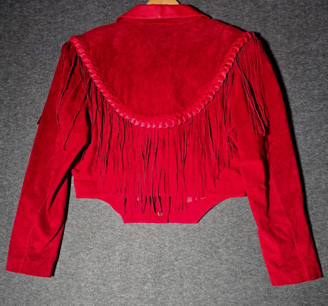 Leather Gallery Red Leather Fringe Jacket Womens L Western Cowgirl Rodeo Braided