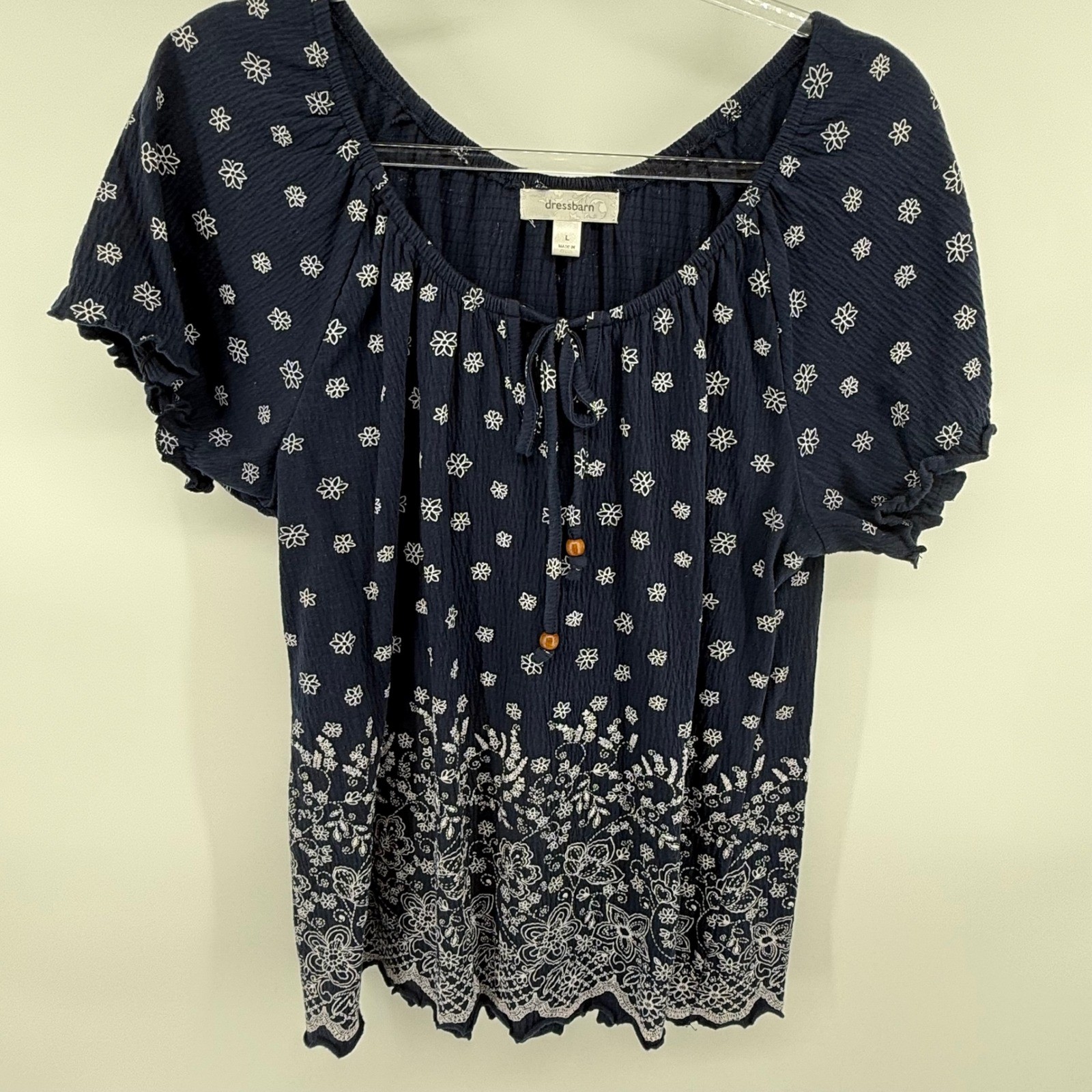 Dressbarn Navy Floral Embroidered Gauze Peasant Top Blouse Size L
