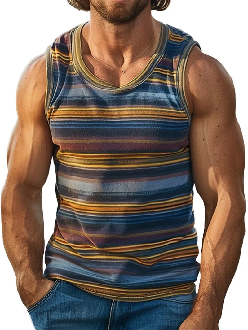 Retro Striped 3D Graphic Tank Top for Men – Sleeveless Quick-Dry Summer Vest