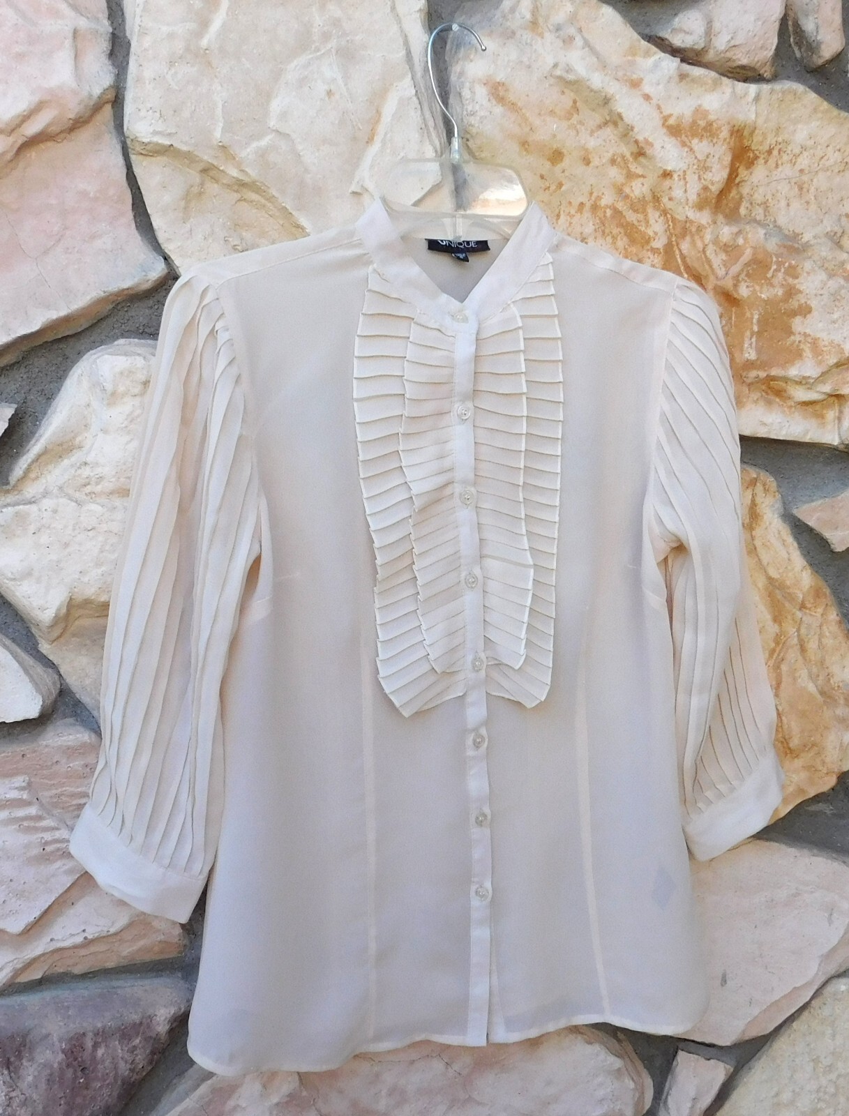 IVORY Pleated Chic Ruffle Frills Sheer Elegant Button Up Blouse Unique Spectrum