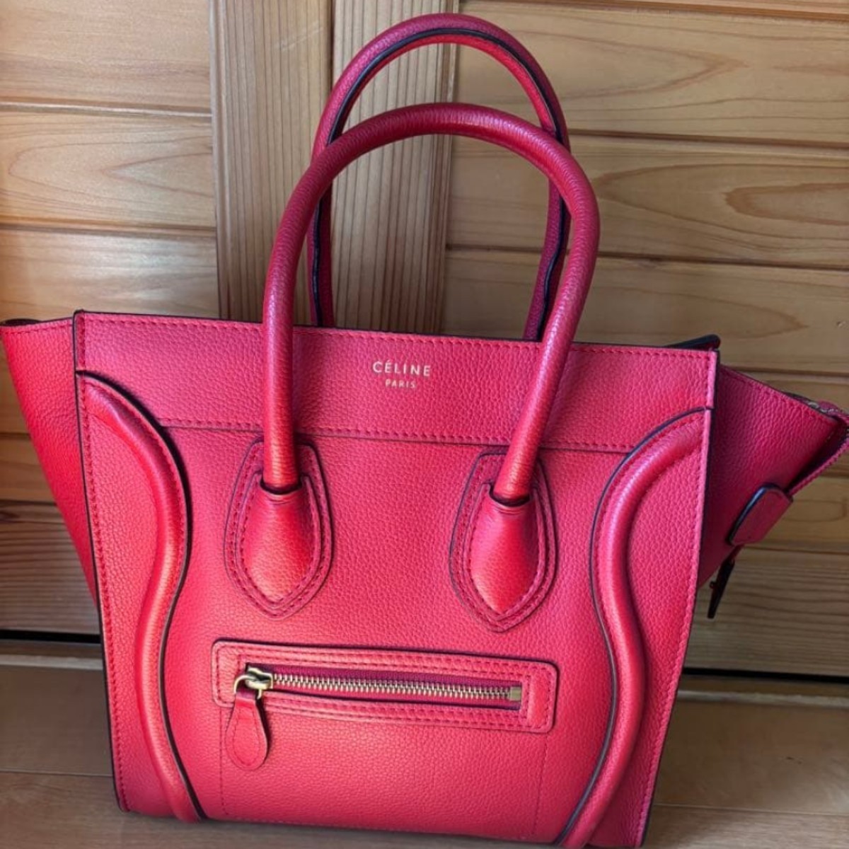 CELINE Micro Luggage Tote Bag Red Grained Drummed Calfskin Leather Handbag