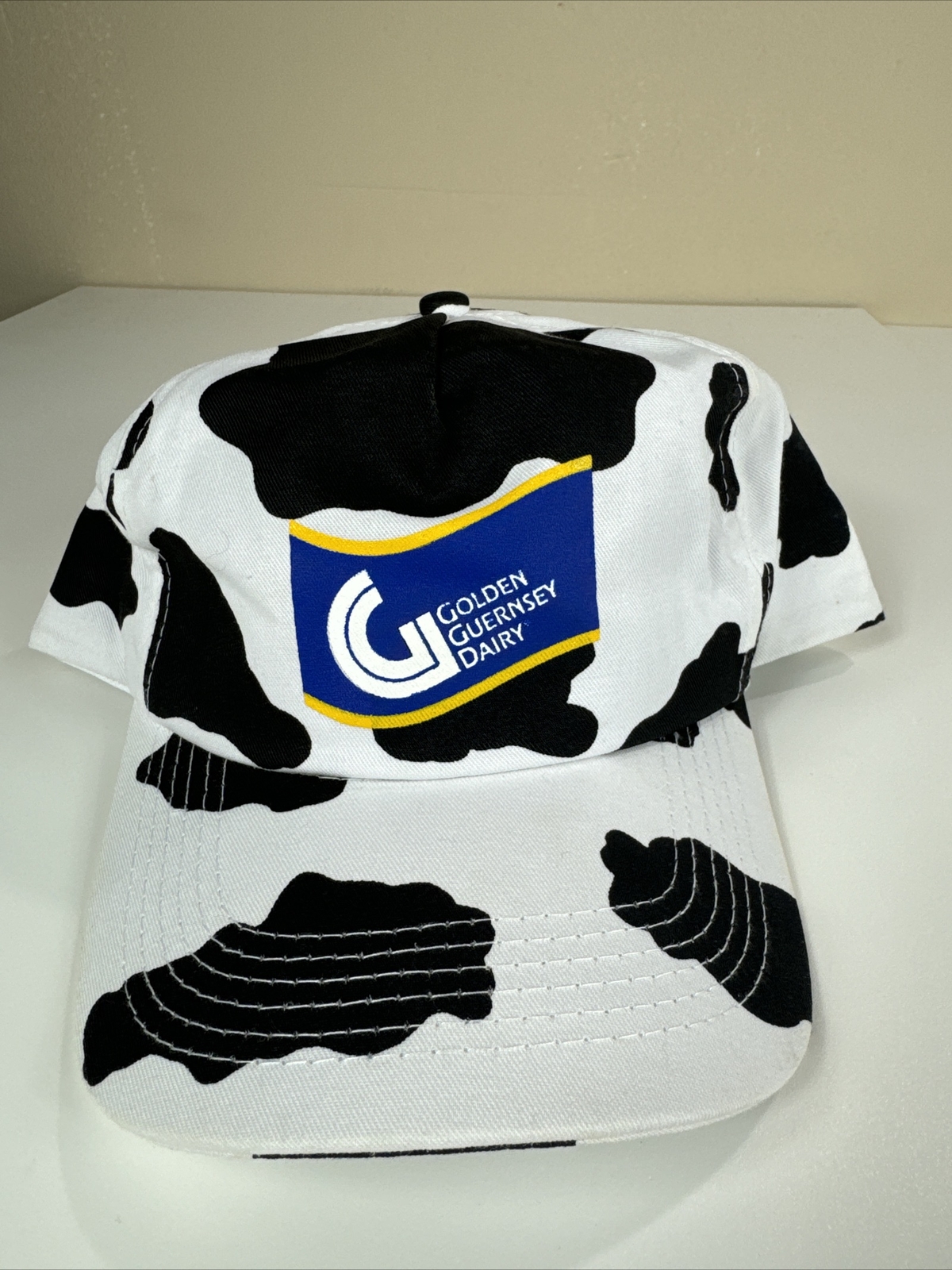 Vtg Golden Guernsey Dairy Cow Pattern Snapback Hat Black White Spotted Cap Y2K
