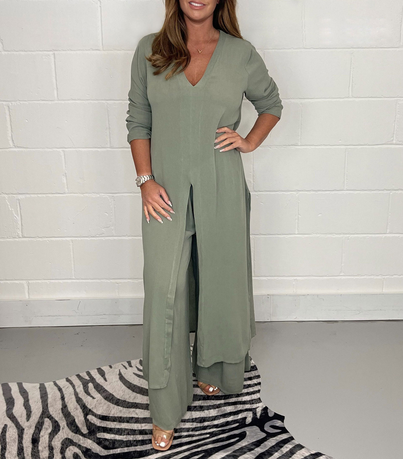 Summer 2Pcs Ladies V Neck Suit Long Split Dress Tops+Trousers Co Ord Set Outfits